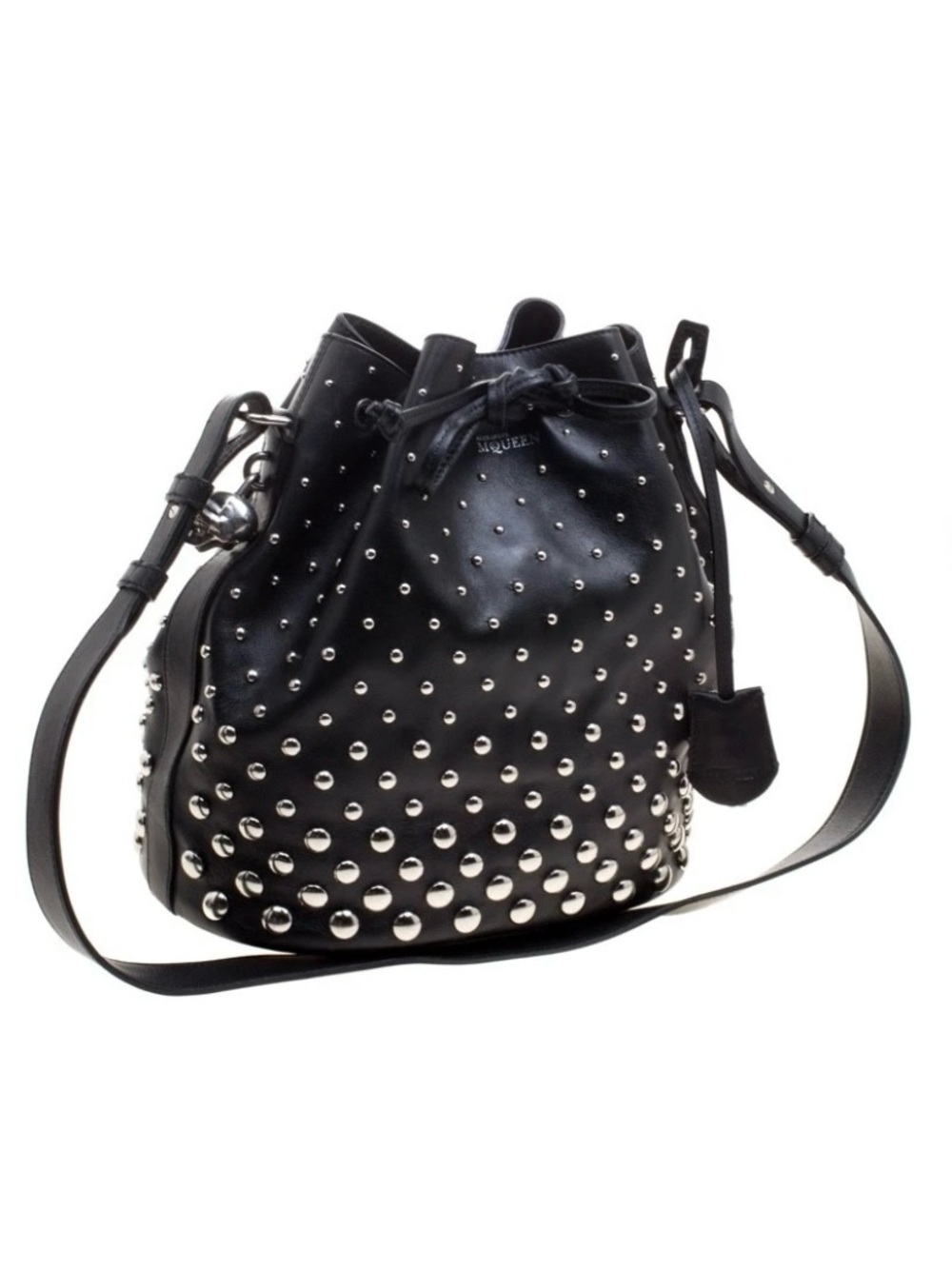 Alexander McQueen Black Leather Studded Padlock Drawstring Bucket Shoulder
Bag